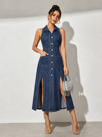 Women's Retro Washed Denim Midi Dress
