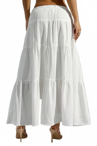Women'S Boho Flowy White Maxi Skirt Ruffle Elastic Waist Long Skirts | Flared, Summer, a Line, High Waisted, 2026 Spring, Fall, Drawstring, Casual, Beach, Vacation, Midi Skirt with Lining