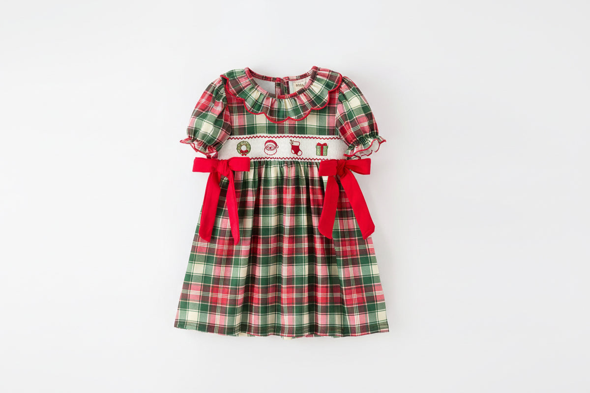 Christmas Girls Plaid Smocked Ruffle Collar Bow Dress