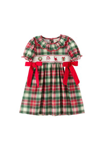 Christmas Girls Plaid Smocked Ruffle Collar Bow Dress