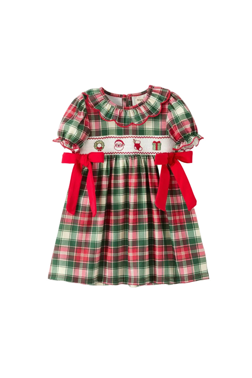 Christmas Girls Plaid Smocked Ruffle Collar Bow Dress