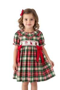 Christmas Girls Plaid Smocked Ruffle Collar Bow Dress