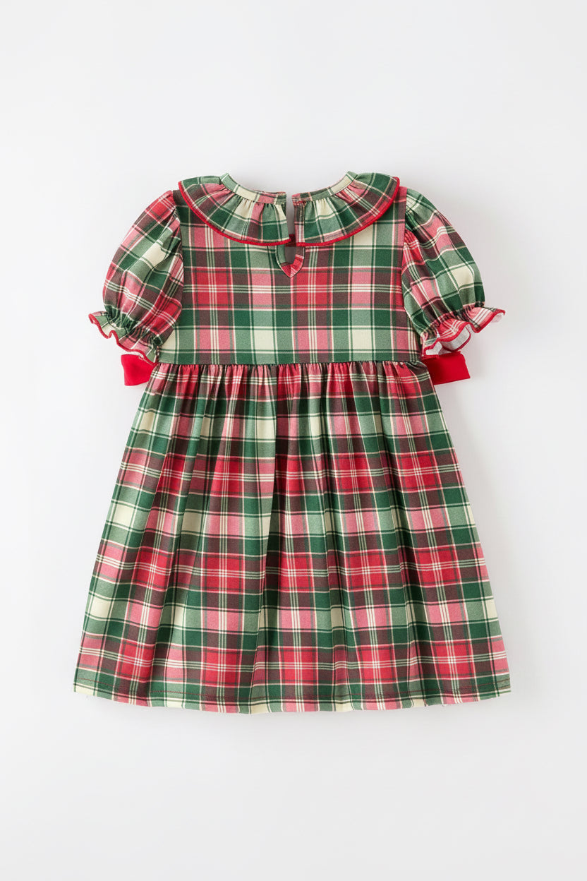 Christmas Girls Plaid Smocked Ruffle Collar Bow Dress