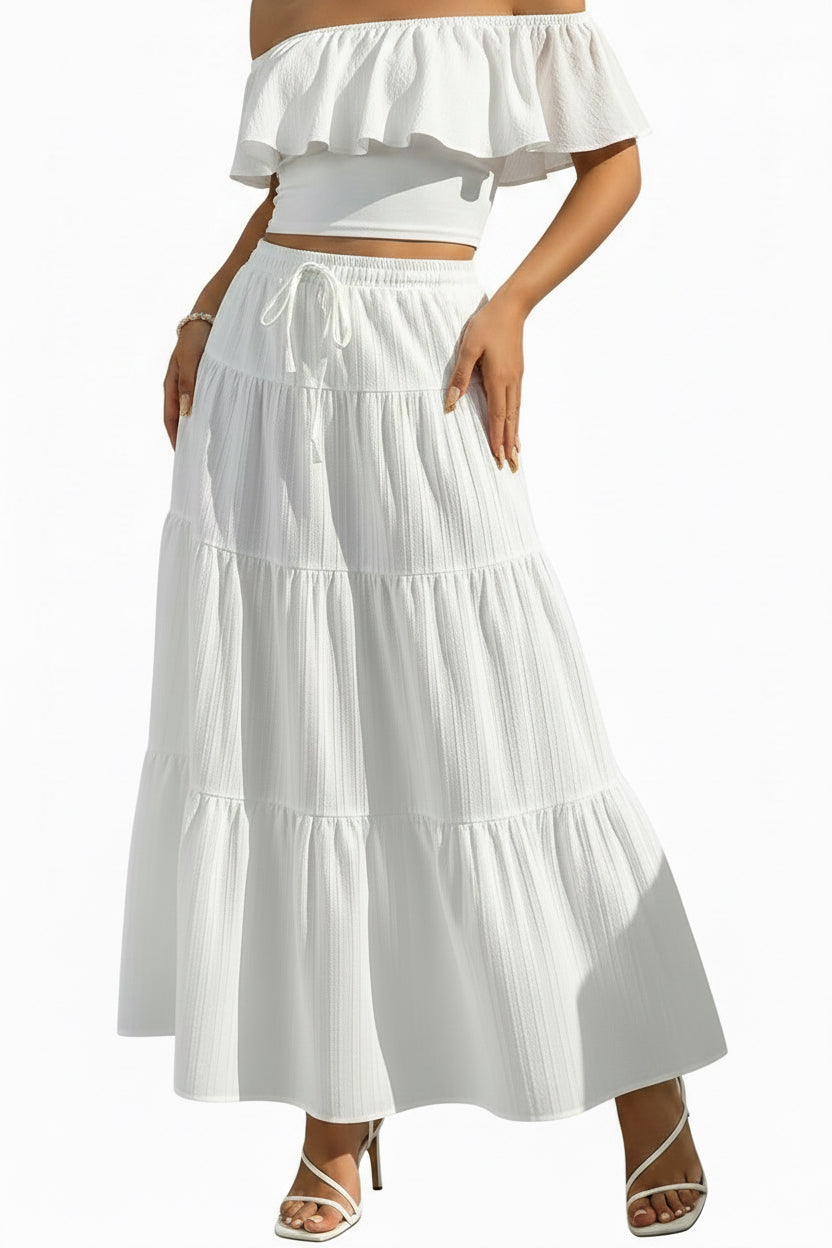 Women'S Boho Flowy White Maxi Skirt Ruffle Elastic Waist Long Skirts | Flared, Summer, a Line, High Waisted, 2026 Spring, Fall, Drawstring, Casual, Beach, Vacation, Midi Skirt with Lining
