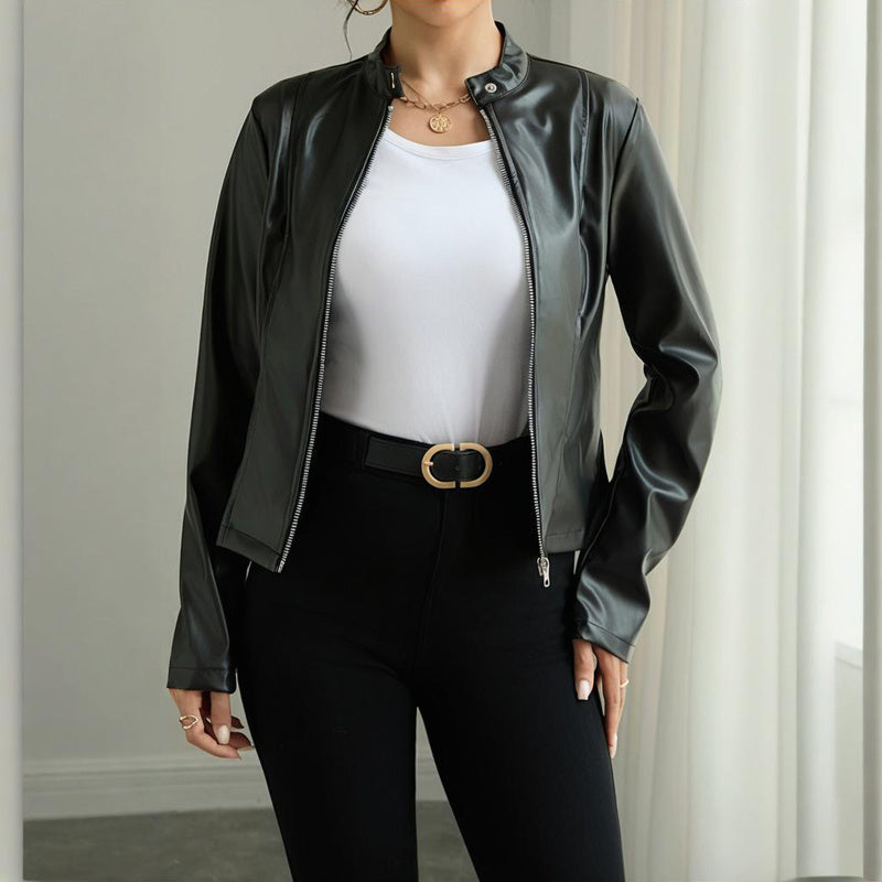 Long Sleeve Stand Collar Faux Leather Blazer
