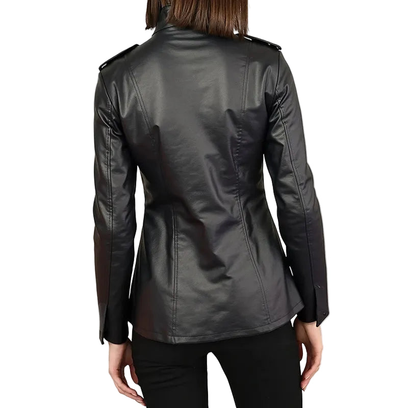 Cardigan Leather Coat with Pockets