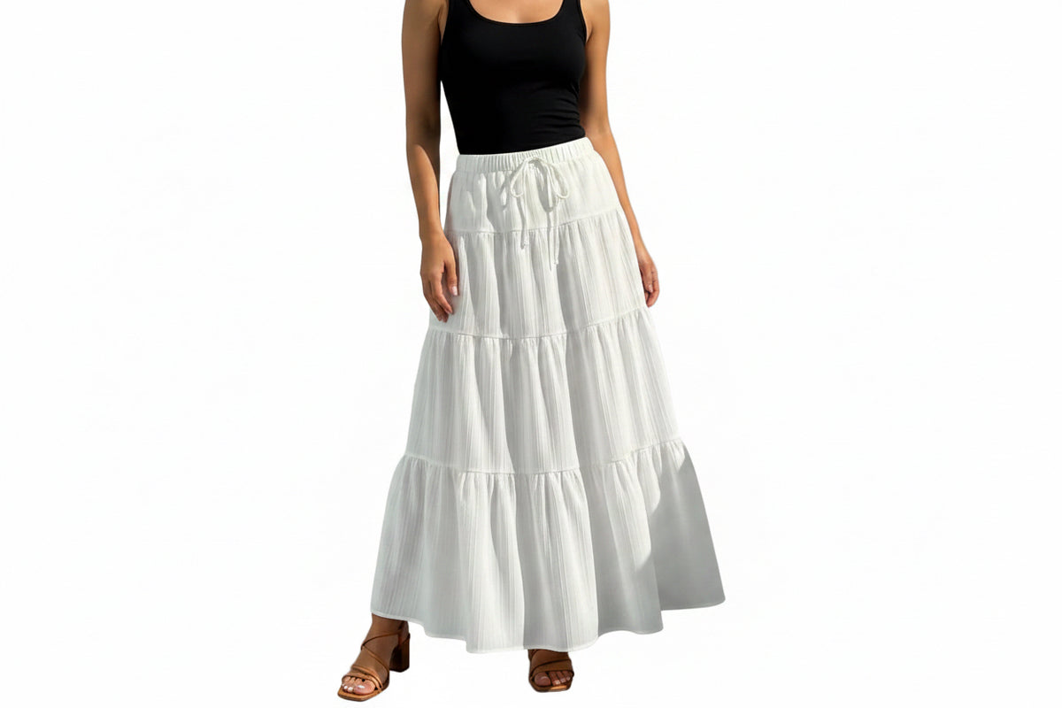 Women'S Boho Flowy White Maxi Skirt Ruffle Elastic Waist Long Skirts | Flared, Summer, a Line, High Waisted, 2026 Spring, Fall, Drawstring, Casual, Beach, Vacation, Midi Skirt with Lining