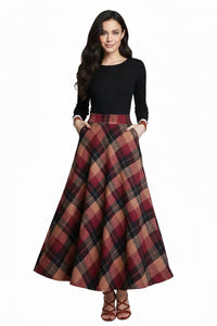 Womens Plaid Skirt Warm Long Skirts(Red XS)