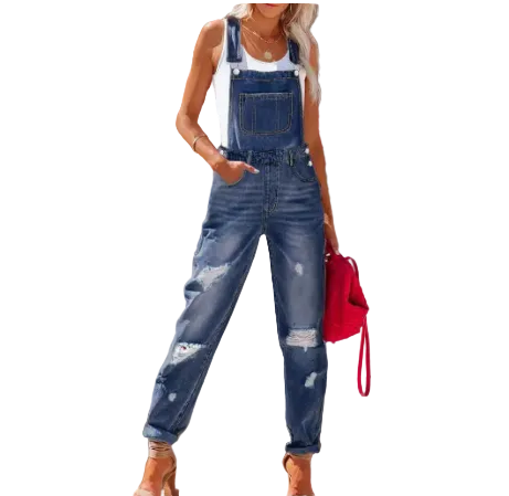 Cropped Ripped Denim Overalls