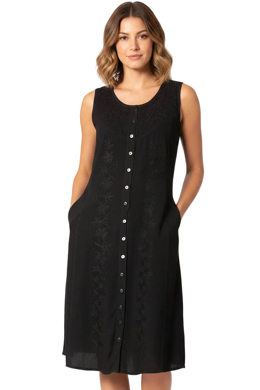 Floral Embroidered Sleeveless Button Up Rayon Dress
