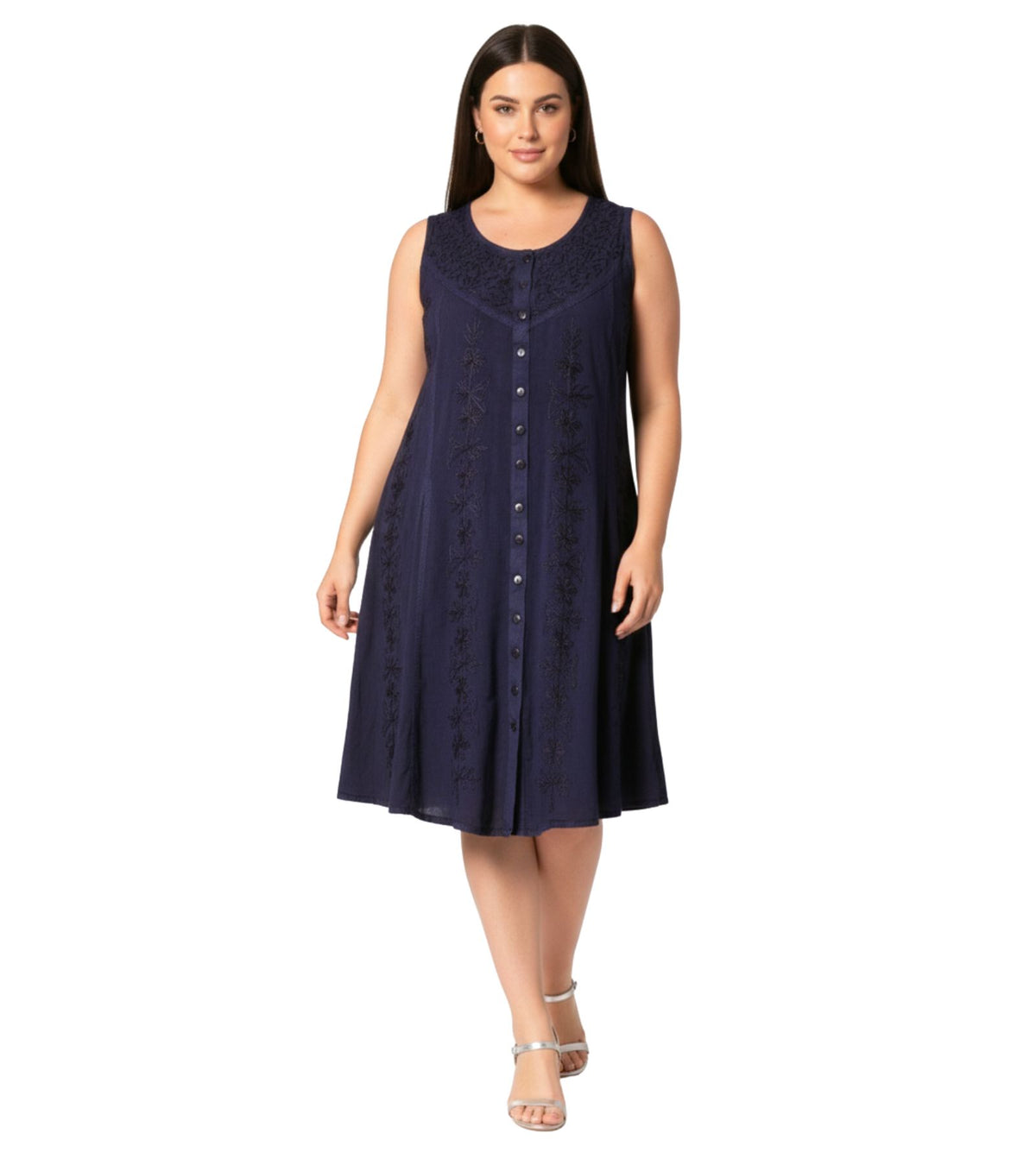 Floral Embroidered Sleeveless Button Up Rayon Dress