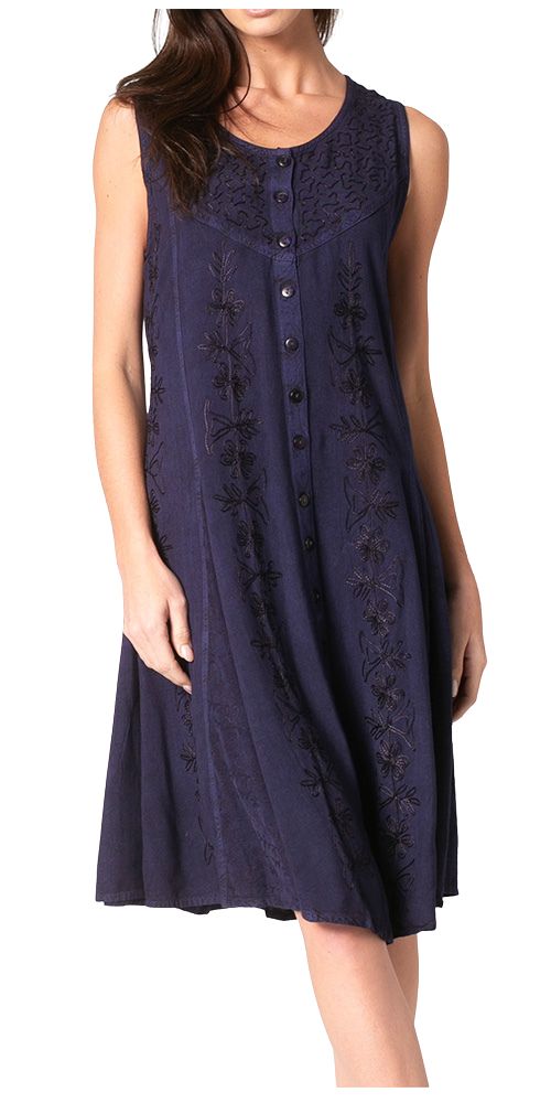 Floral Embroidered Sleeveless Button Up Rayon Dress