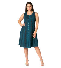 Floral Embroidered Sleeveless Button Up Rayon Dress