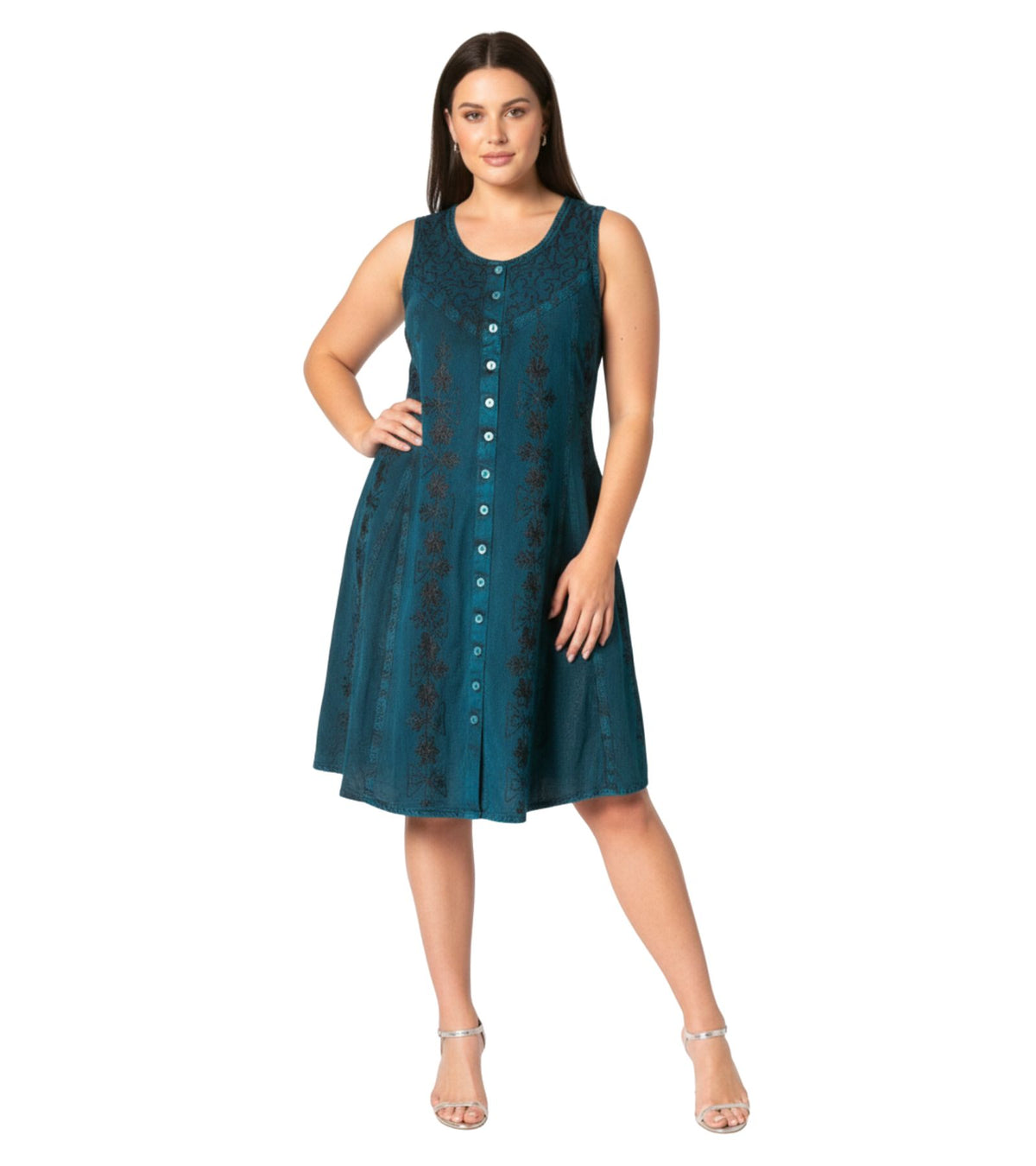 Floral Embroidered Sleeveless Button Up Rayon Dress