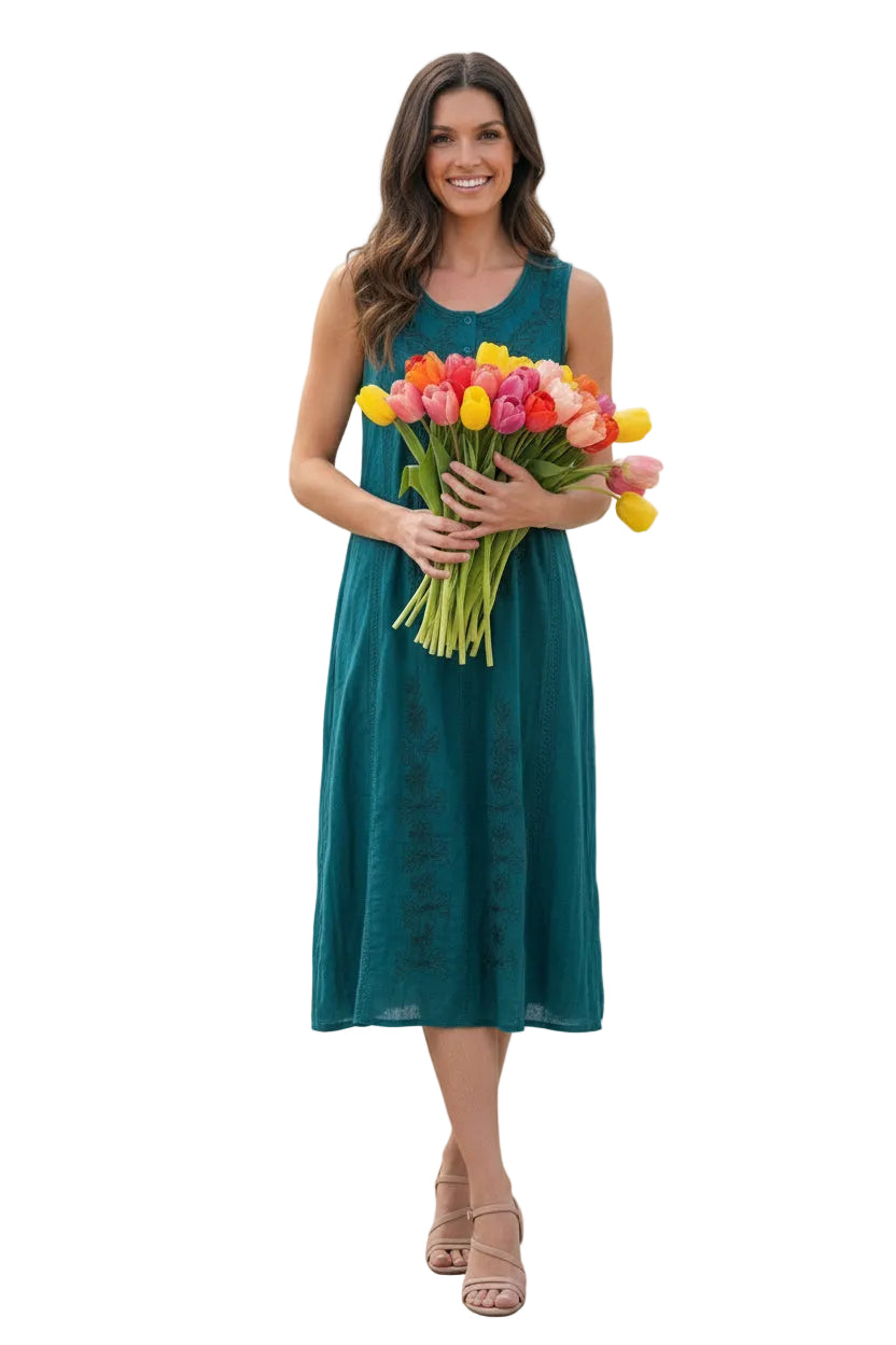 Floral Embroidered Sleeveless Button Up Rayon Dress