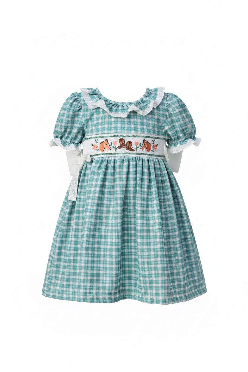Western Plaid Horse Embroidered Girl Dress