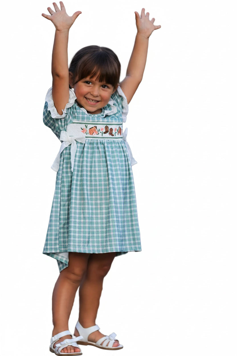 Western Plaid Horse Embroidered Girl Dress