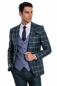 Checked Patterned Slim Fit Green Men Suit - Wessi