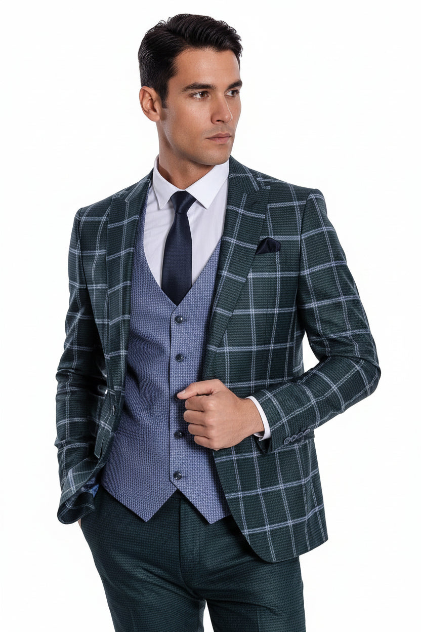 Checked Patterned Slim Fit Green Men Suit - Wessi
