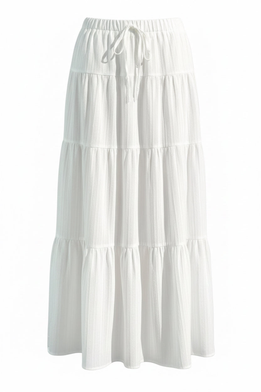 Women'S Boho Flowy White Maxi Skirt Ruffle Elastic Waist Long Skirts | Flared, Summer, a Line, High Waisted, 2026 Spring, Fall, Drawstring, Casual, Beach, Vacation, Midi Skirt with Lining