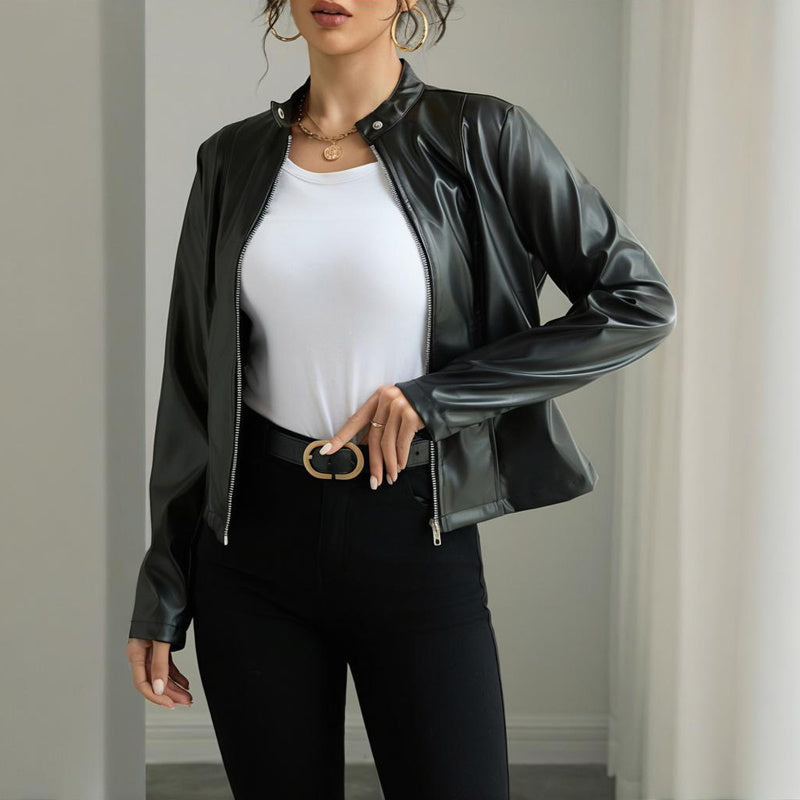Long Sleeve Stand Collar Faux Leather Blazer