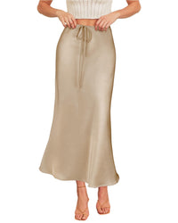 Satin High Waist Silk  Long Skirts Champagne