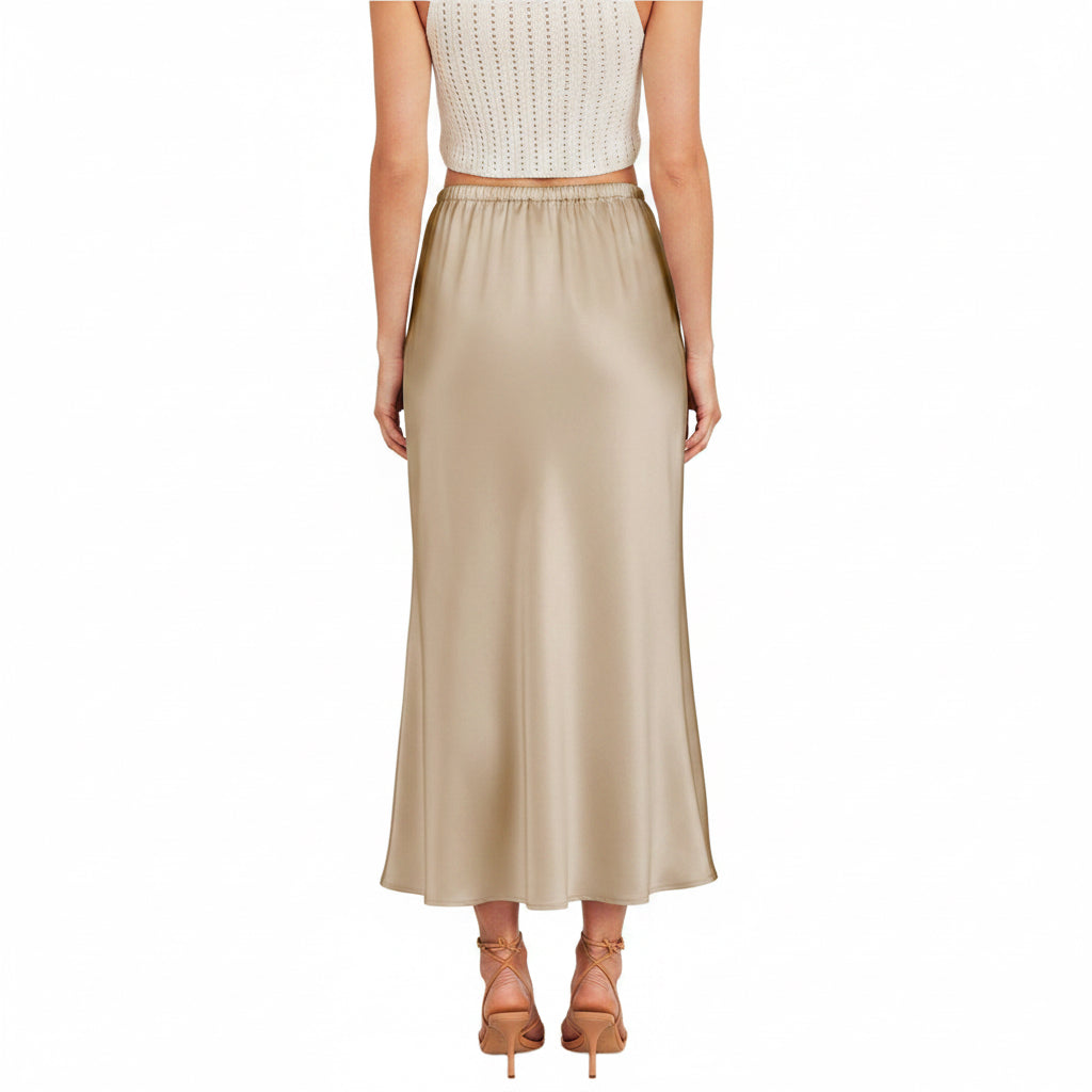 Satin High Waist Silk  Long Skirts Champagne