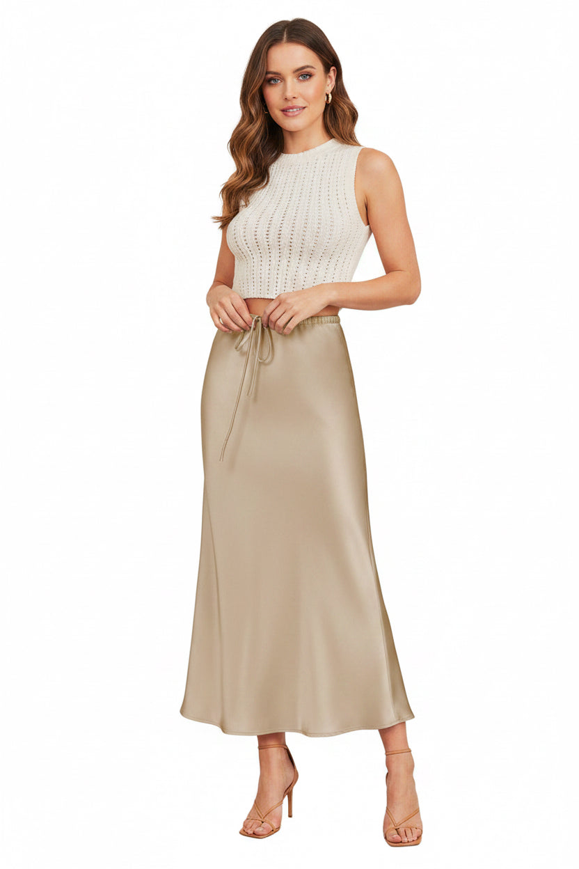 Satin High Waist Silk  Long Skirts Champagne