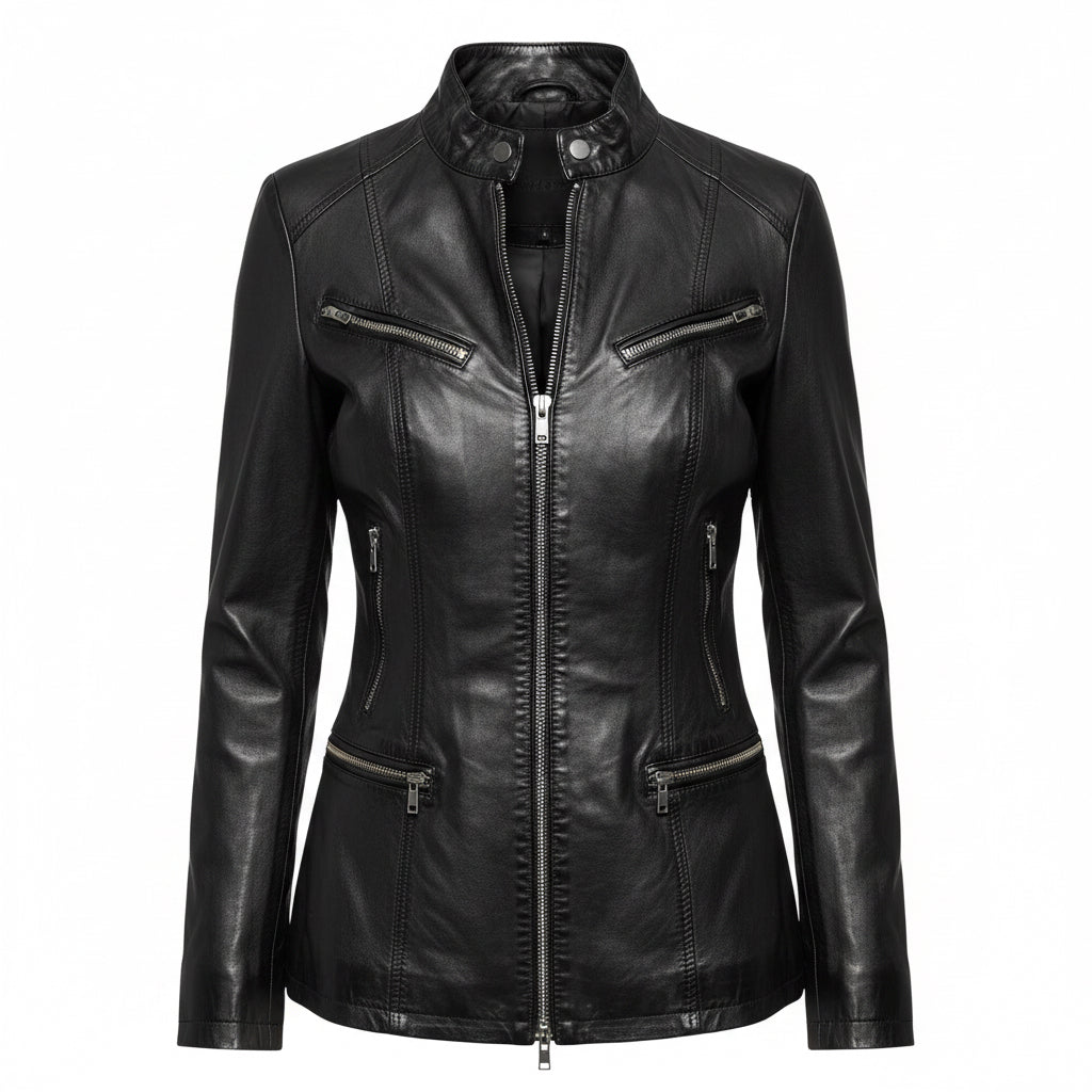 Cardigan Leather Coat with Pockets