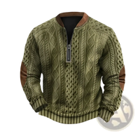 Men's Cable Knit Half Zip Sweater with Leather Accents