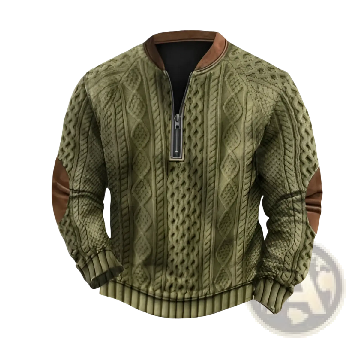 Men's Cable Knit Half Zip Sweater with Leather Accents