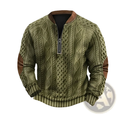 Men's Cable Knit Half Zip Sweater with Leather Accents