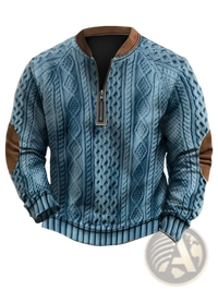 Men's Cable Knit Half Zip Sweater with Leather Accents