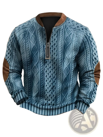 Men's Cable Knit Half Zip Sweater with Leather Accents