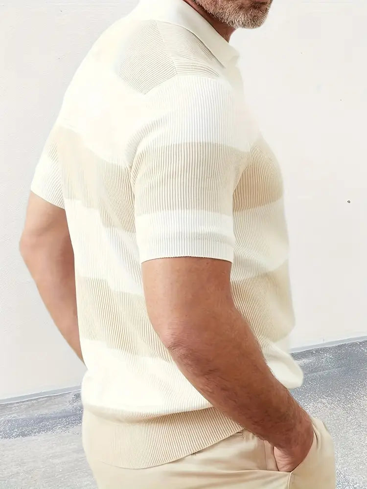 Men's Striped Ribbed Knit Short Sleeve Polo Sweater