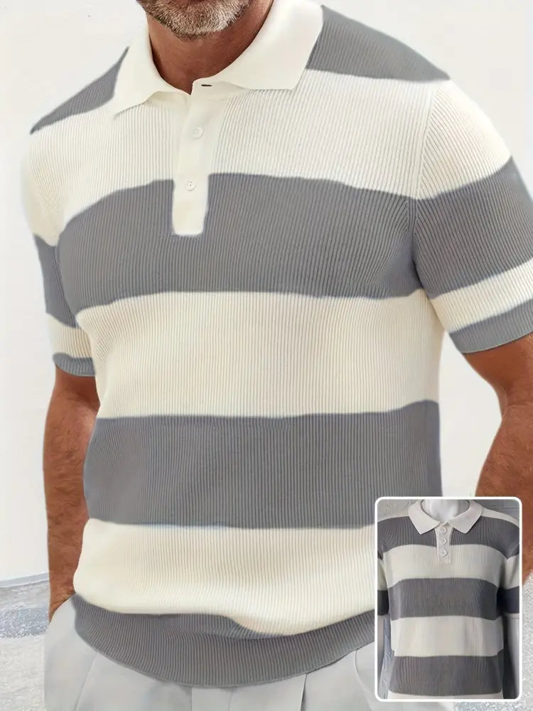 Men's Striped Ribbed Knit Short Sleeve Polo Sweater