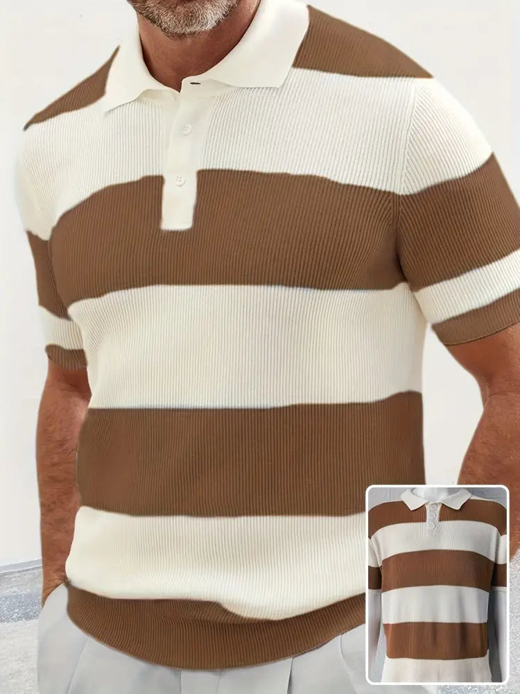 Men's Striped Ribbed Knit Short Sleeve Polo Sweater
