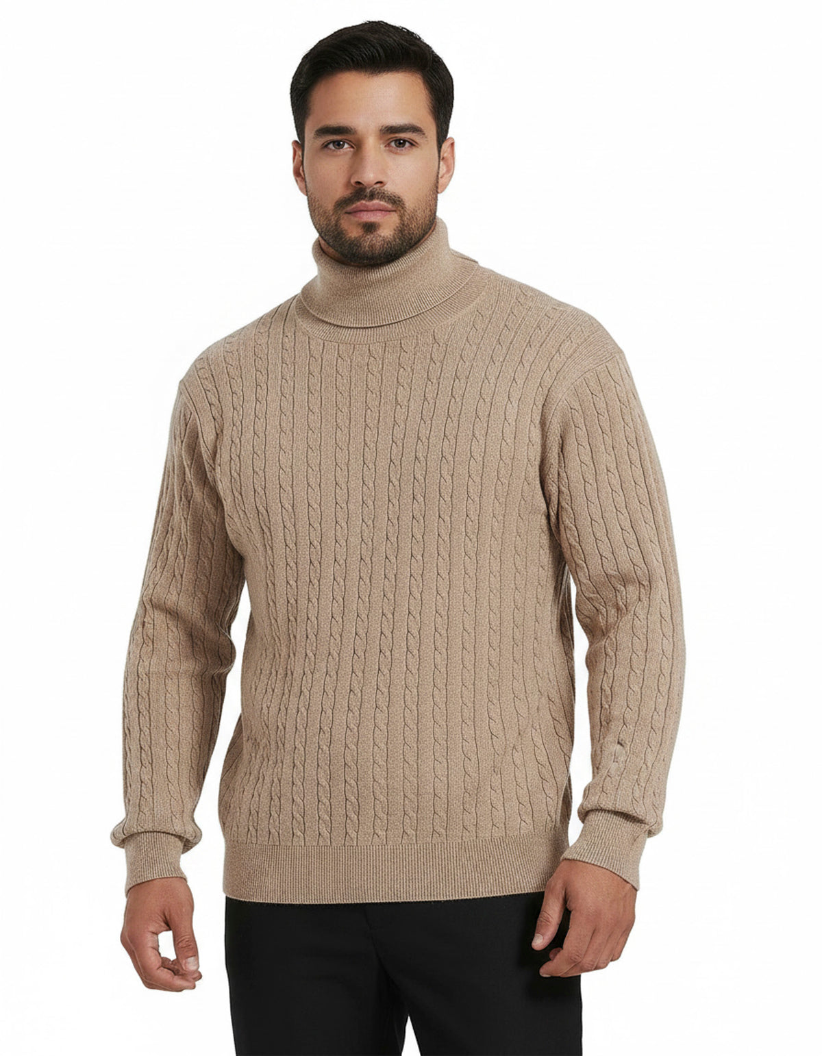 Kallspin Men's Wool Blend Cable-Knit Turtle Neck Sweater Coffee Size L