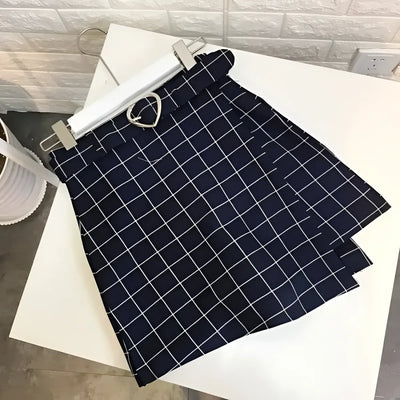 Plaid A-Line Mini Skirt with Heart Buckle